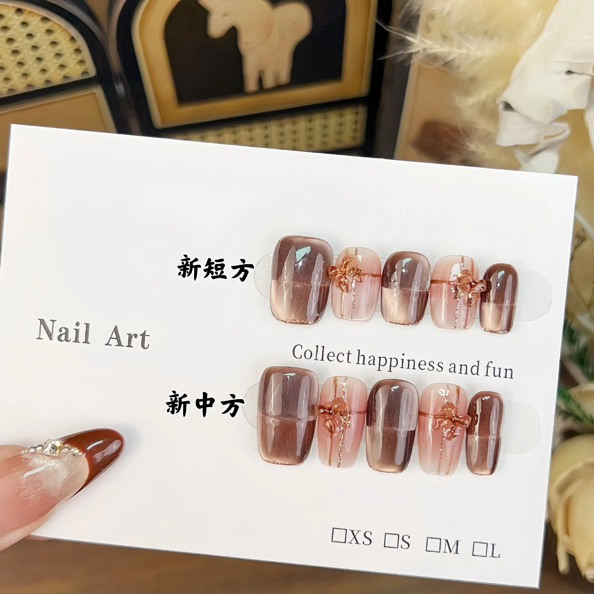 

10pcs Cat Eye Handmade Press on Nails Space Autumn/Winter False Nail Short Checkered Bow Full Coverage Nail Tips for Women&Girl