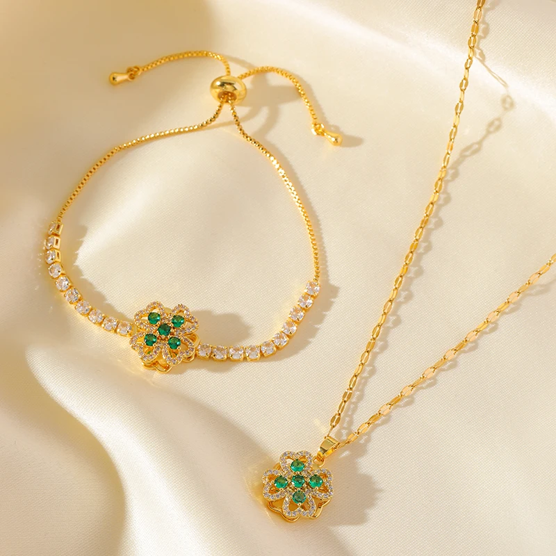 EILIECK New Fashion Stainless Steel Rotating Green Clover Zircon Necklace Bracelet Set For Women Trendy Waterproof Jewelry Gift