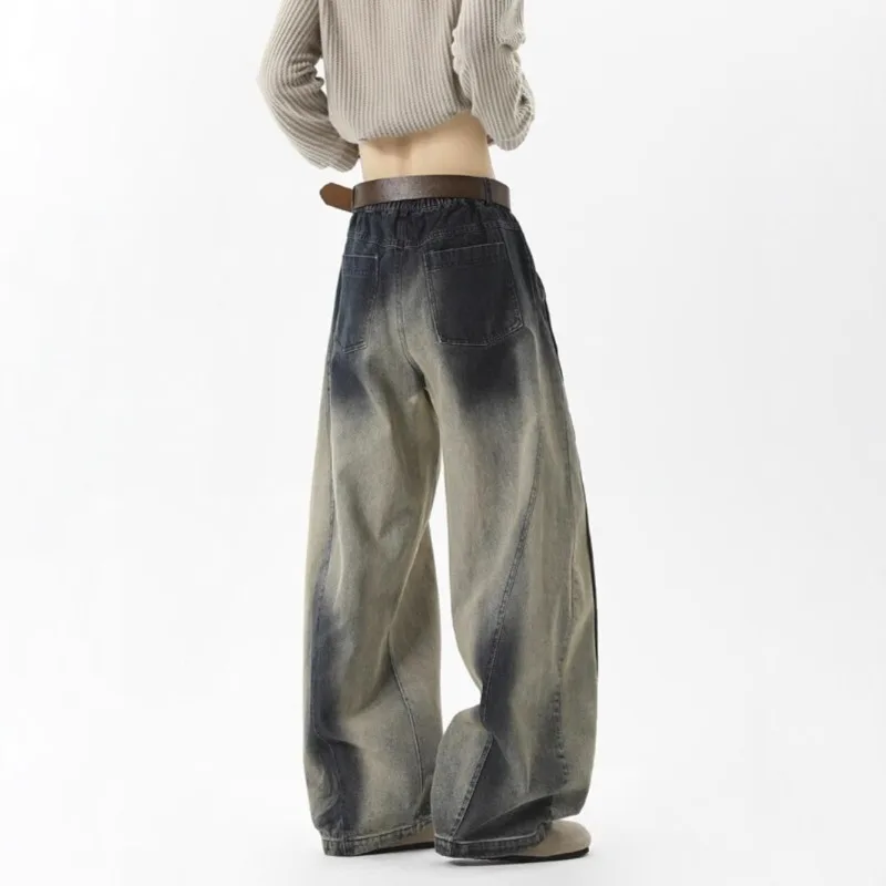 

American High Street Curved Knife Street Dance Jeans Retro Blue Gradient Splicing Wide Leg Pants Trendy Brand Work Pants Men