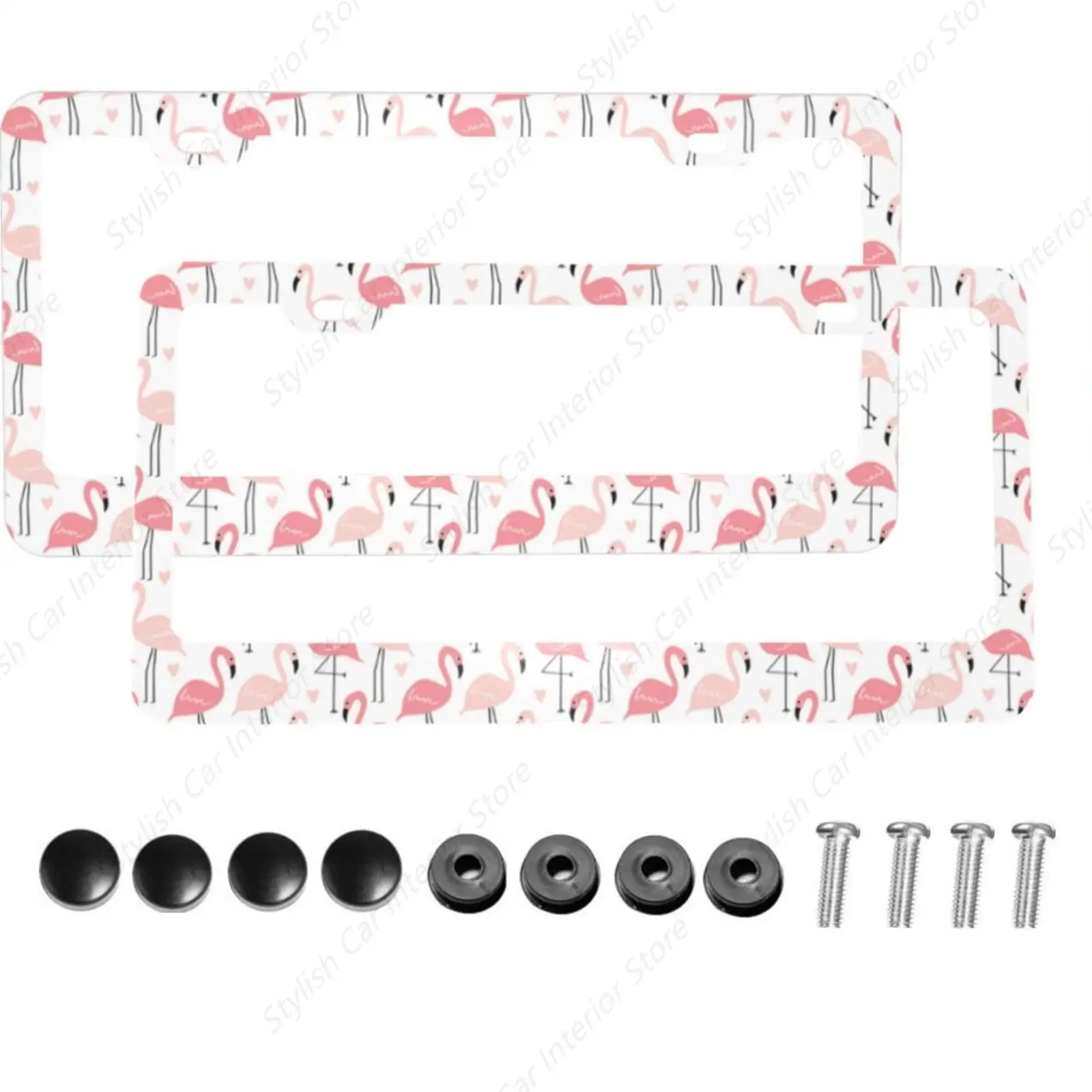 

2 Pieces Pink Flamingo Aluminum Metal License Plate Frame with Screw Caps, 2 Holes License Plate Frame Car Tag Cover Holder