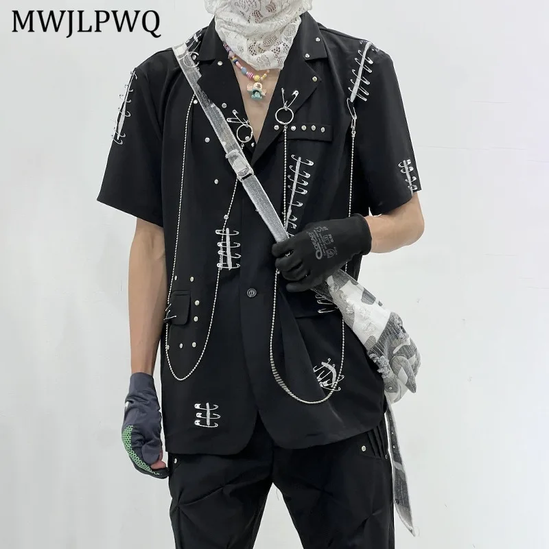 

MWJLPWQ Metal Pin Design 2025 New Black Shirt For Men Short Sleeve Lapel Streetwear Women Loose Casual Tops Autumn Fashion 11285