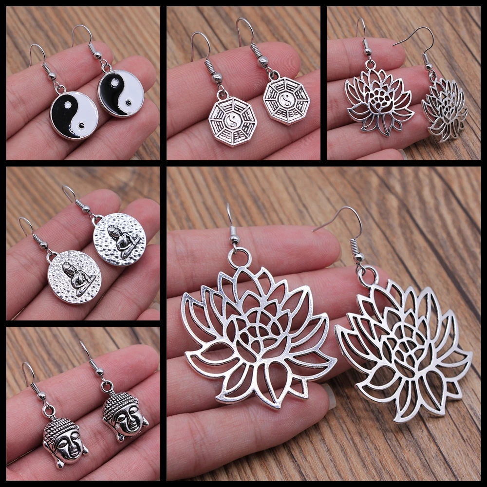 Vintage Religion Chinese Tai Chi Taoist Buddhism Buddha Lotus Dangle Earring Drop Earring For Women Girl Gift
