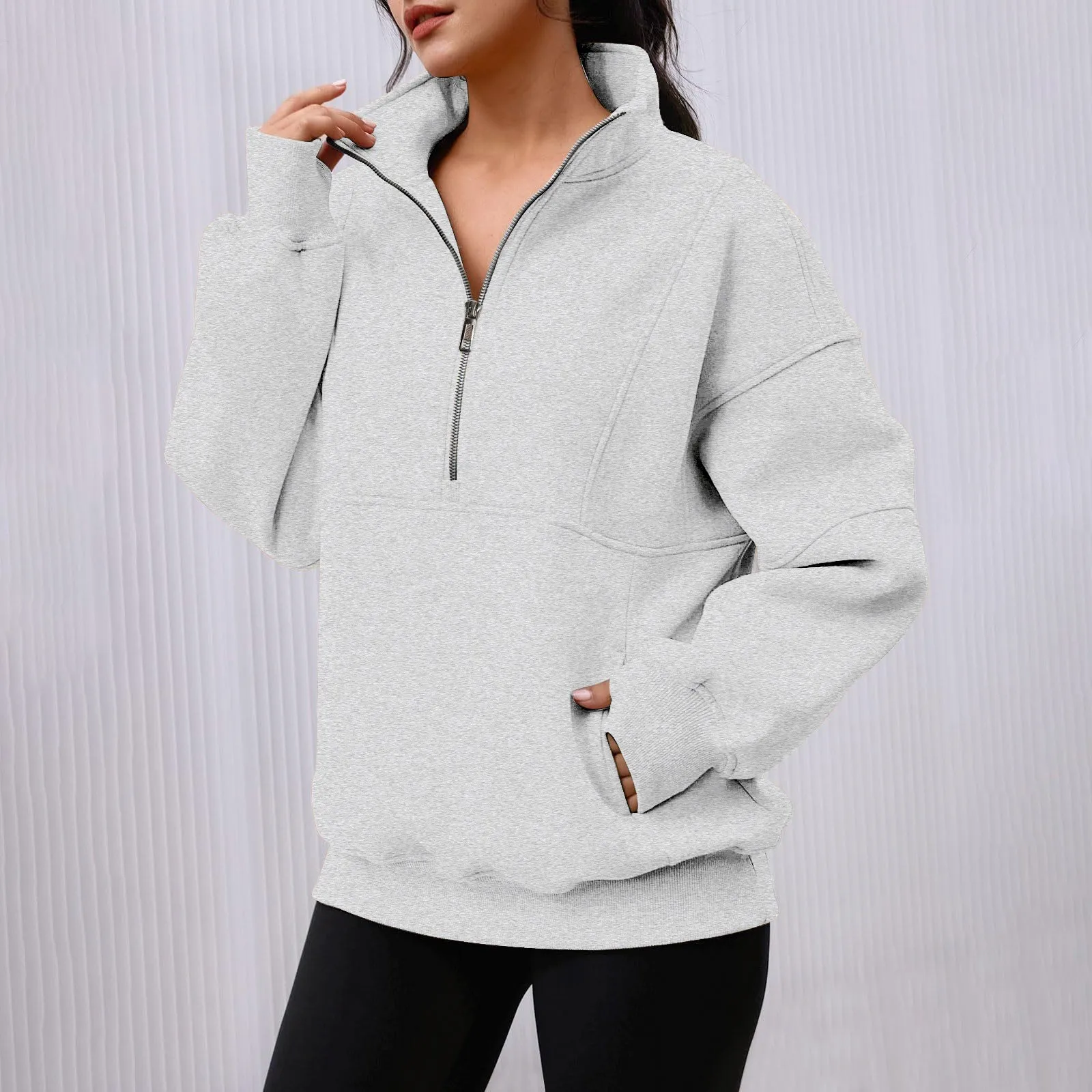 Stand Collar Casual Sweatshirts Half Zip Women Cropped Pullover Thumb Hole Overzised Hoodie Solid Color Plus Size Sports Outfit