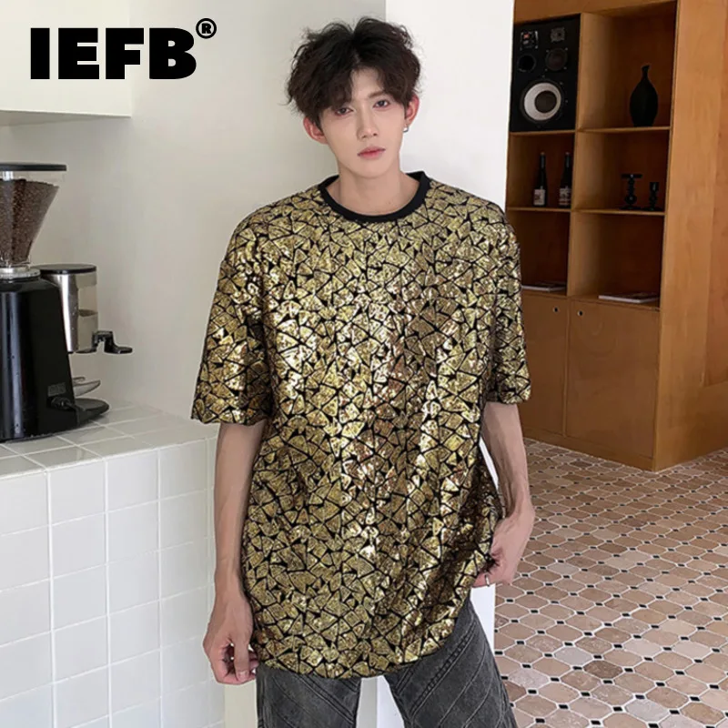 

IEFB Men's T-shirts New Chic Round Collar Short Sleeve Sequins 2024 Summer Male Loose Tops Niche Design Night Club 2024 9C6104