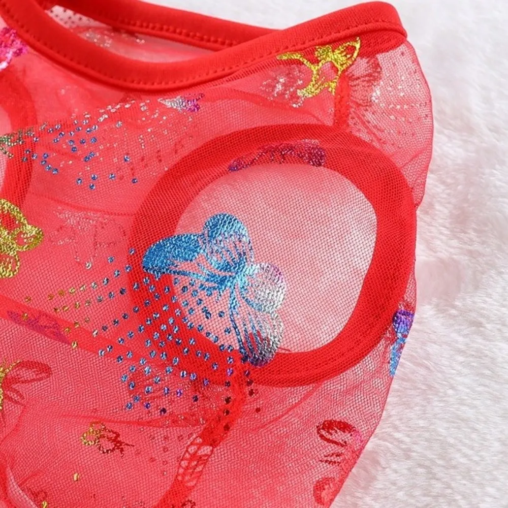 Cute Dog Butterfly Princess Dress Lace Trim Butterfly Print Dog Mesh Fluffy Skirt Breathable Summer Thin Dog Dress Pet Party