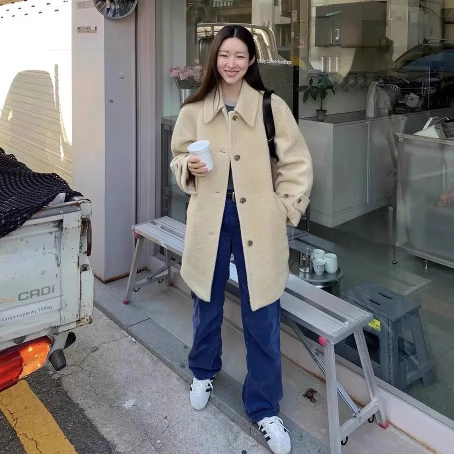 マットピュアカラーフリップカラーシングルボタンウィンターコート東大門スレレディースファイオンアウターウェア春秋