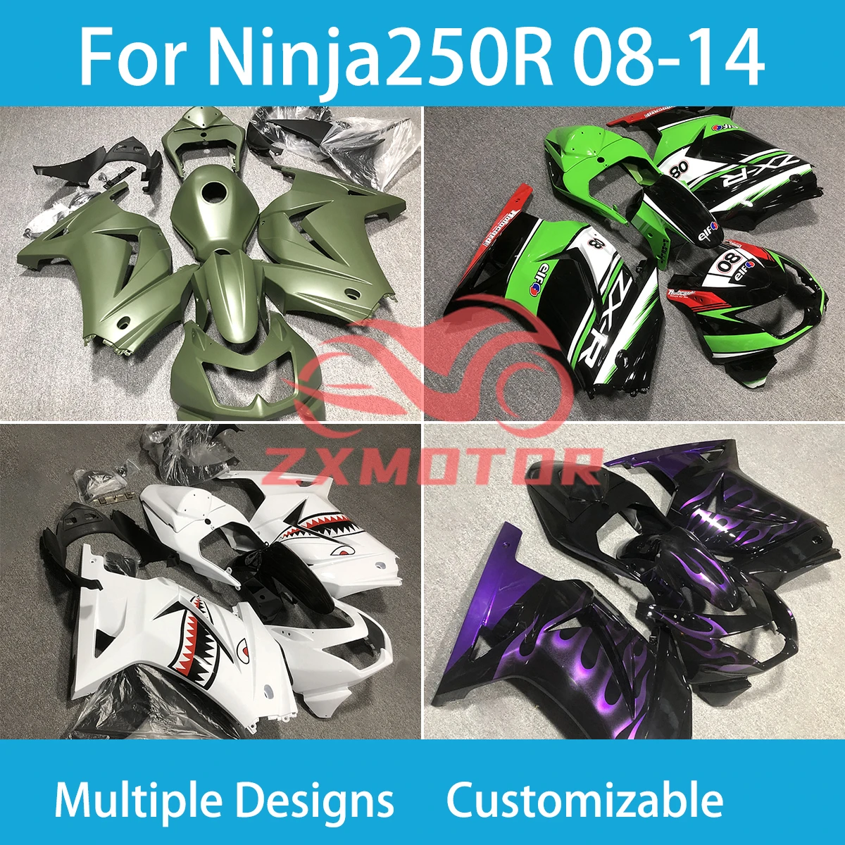 Full Fairings for Kawasaki Ninja250R 08 09 10 11 12 13 14 Plastic Part Body Kit Motorcycle Fairing Ninja 250R 2008- 2014