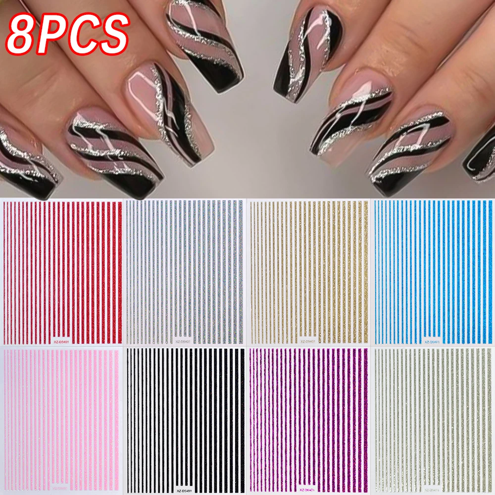 8Pcs/set 3D French Lines Nail Art Stickers Glitter Gold Silver Black Metal Stripe Adhesive Decals 10*8cm DIY Manicure Sliders