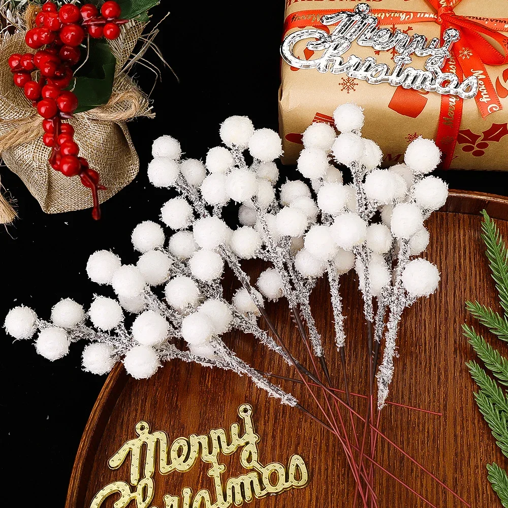 200/5PCS Christmas Snow Tipped Berry Branches Artificial White Berries Fake Flower DIY Wreath Xmas Tree Wedding Party Decoration