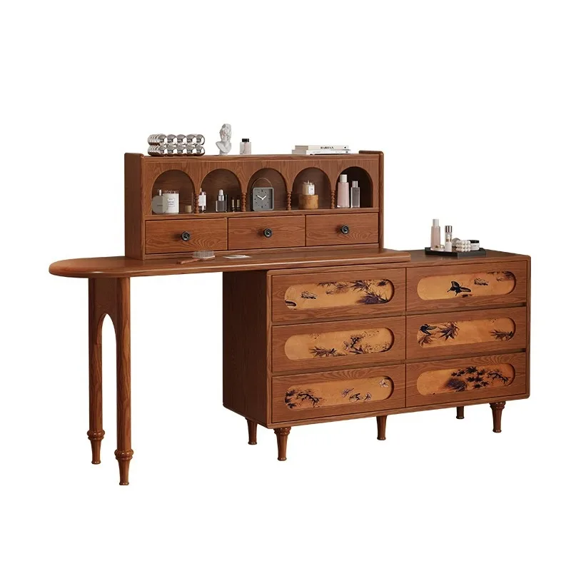 

New vintage style bedroom simple ash wood solid wood dresser with chest of drawers retractable makeup