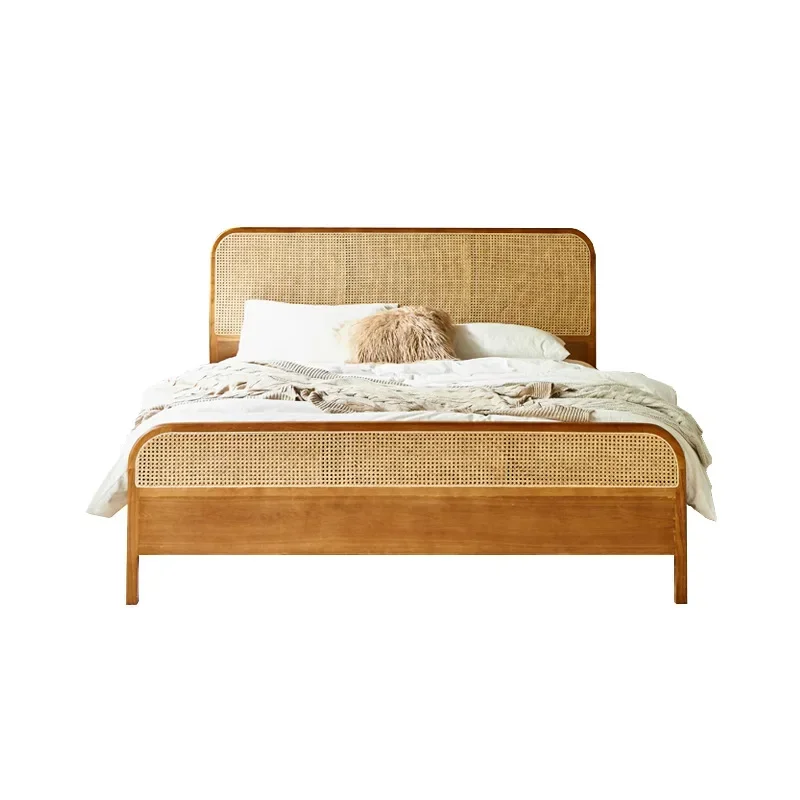 Japanese-style solid wood rattan bed modern simple ash wood double small apartment bedroom family bed master room 2 meters