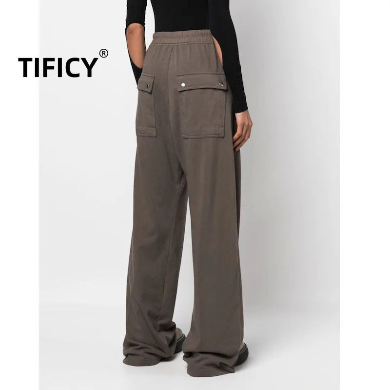 TIFICY High Street Double Lined Pure Cotton Knitted Plain Weave Loose Normal Crotch Wide Leg Pants Women's Casual Style Pants