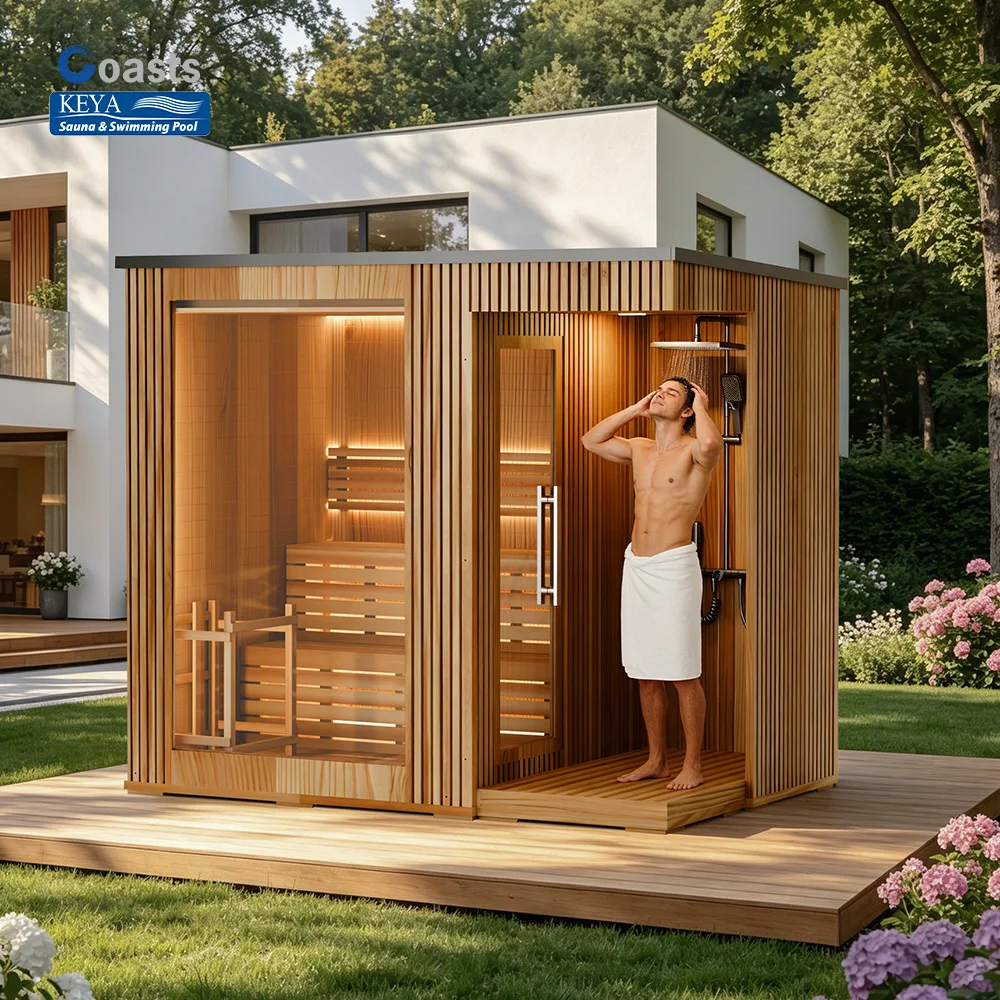 Outdoor SaunaHigh Quality Handcrafted Outdoor Sauna With Shower For Spa Grade Heat Therapy Pine Outdoor Tubs Sauna