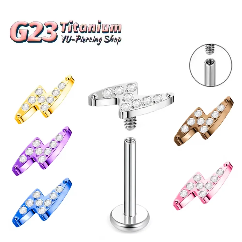

ASTM F136 Titanium Alloy Small Lightning Zirconia Stud Earrings Fashion Anodized Threaded Cartilage Lip Piercing Body Jewelry