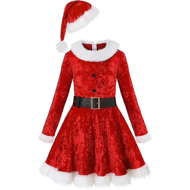 Women And Girls Sexy Ladies Christmas Dress With Hat Set Cosplay Costumes Santa Claus Suit Stage Show Clothing Dancing Robe Gown