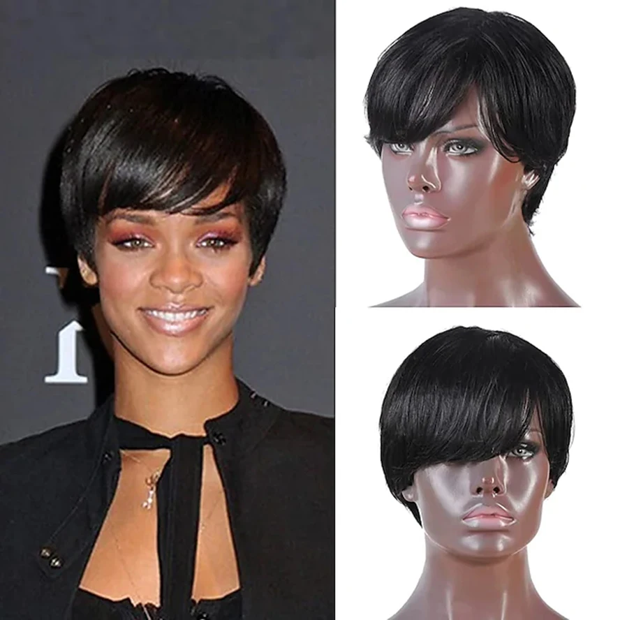 Pixie Cut Wig with Bangs Short Human Hair Blend Wigs for Black Women Full Machine Made None Lace Front Wigs