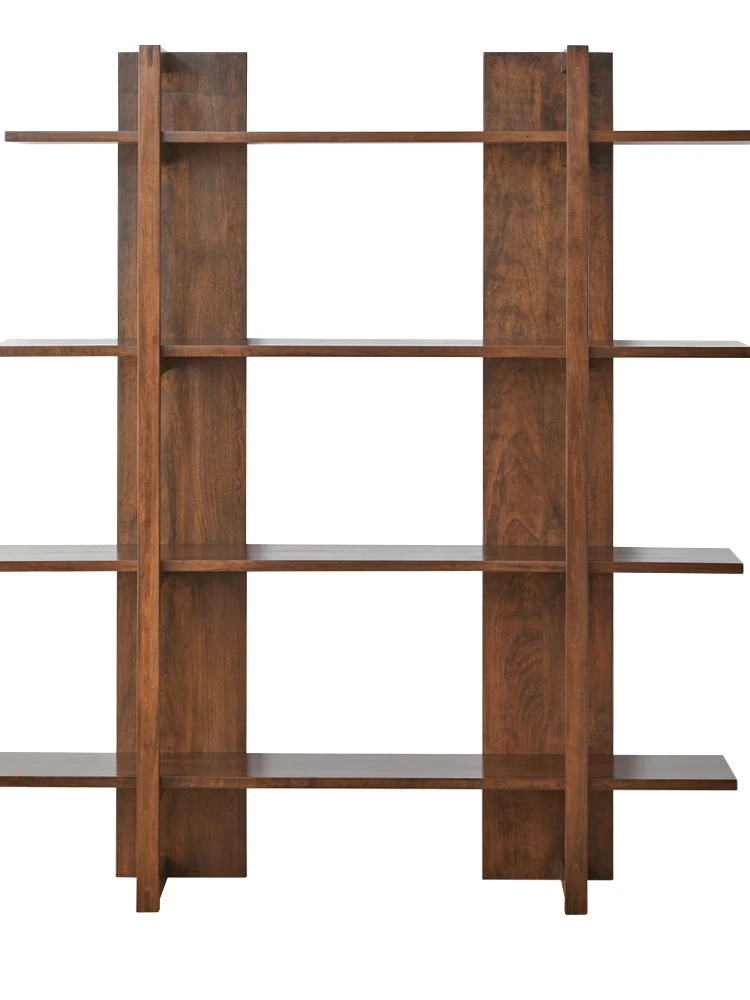 Nordic solid wood bookshelf display cabinet, living room floor rack integrated against the wall, study multi-layer storage rack