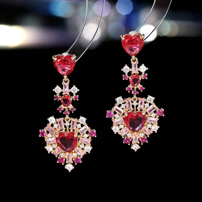 High-end colorful treasure earrings, light luxury niche sweet earrings, banquet dress accessories, love-shaped earrings