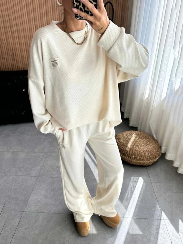 

Spring Loose Pants Two Piece Set Women Long Sleeve O-neck Tops+High Waist Pocket Wide Leg Trousers Outfit Female Autumn Suit