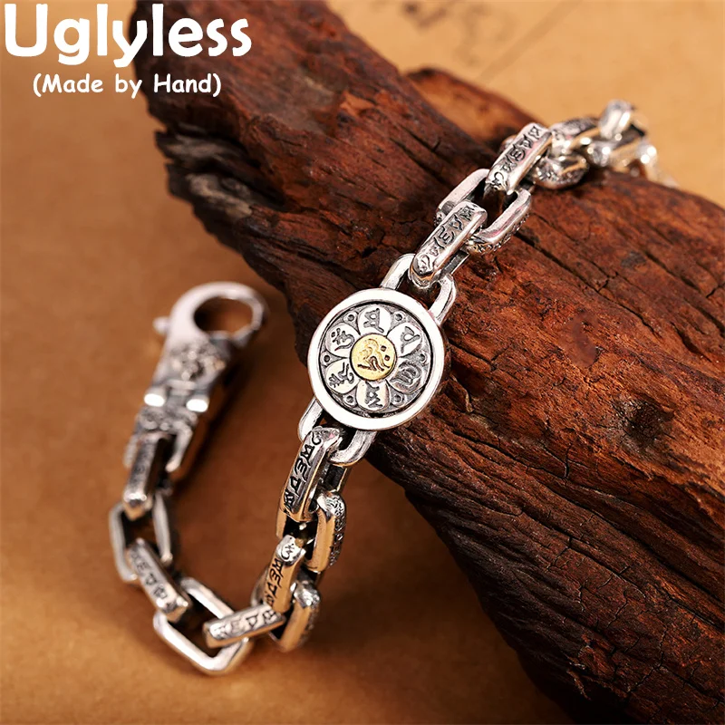 

Uglyless Male Buddhists Jewelry for Men Spinning 6-word Mantra Lotus Bracelets Good Luck Gifts 925 Silver Cross Chains Bracelets