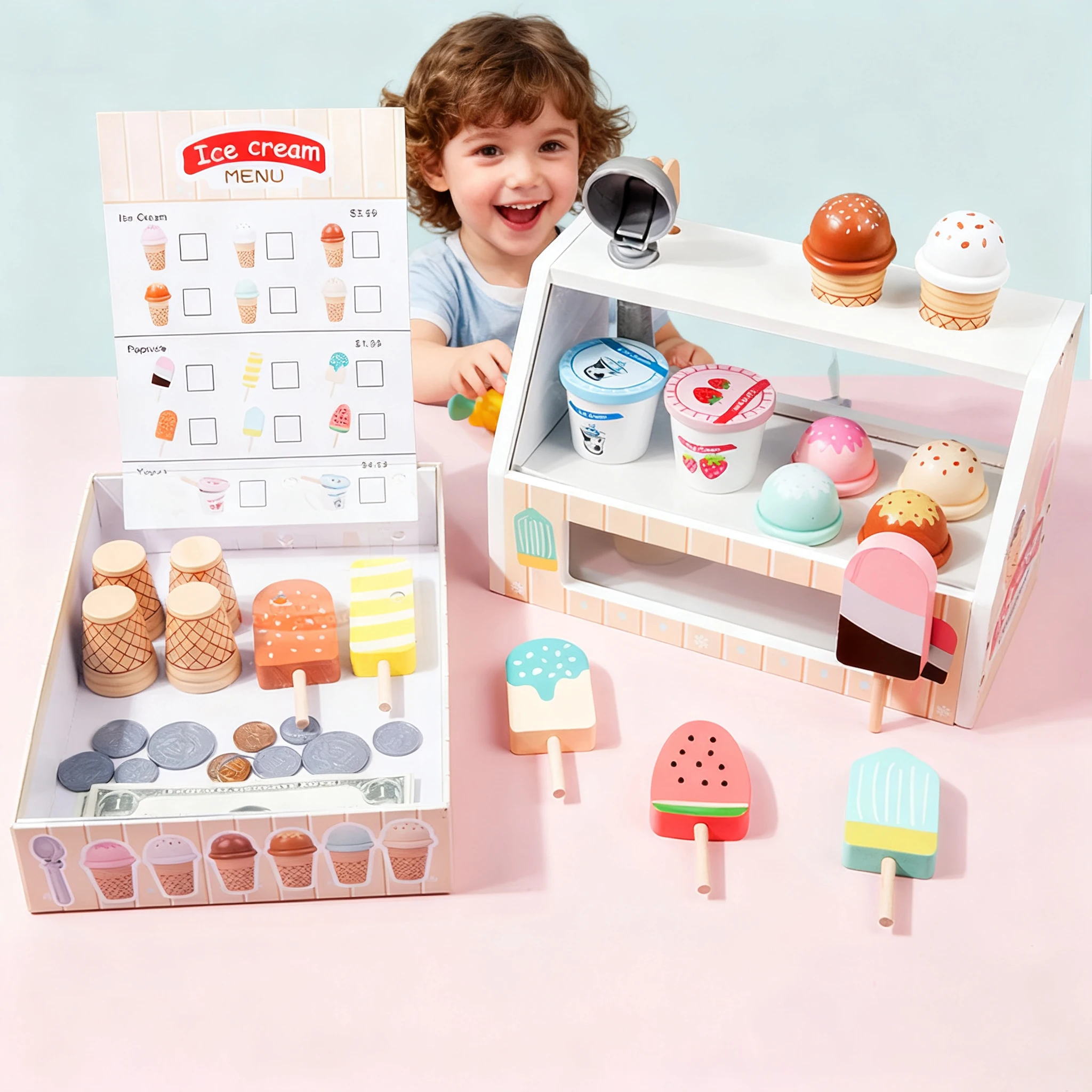 

Игровой набор M2-Children's Montessori: Прилавок с мороженым, игрушечная еда, кухонные принадлежности с монетами, подарок для ролевых игр