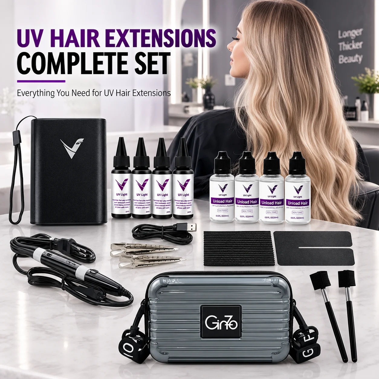 ​Professional UV Light Hair Extension Kit Complete Set with Glue, Remover Machine & V Light Tools for Home or Salon Use​