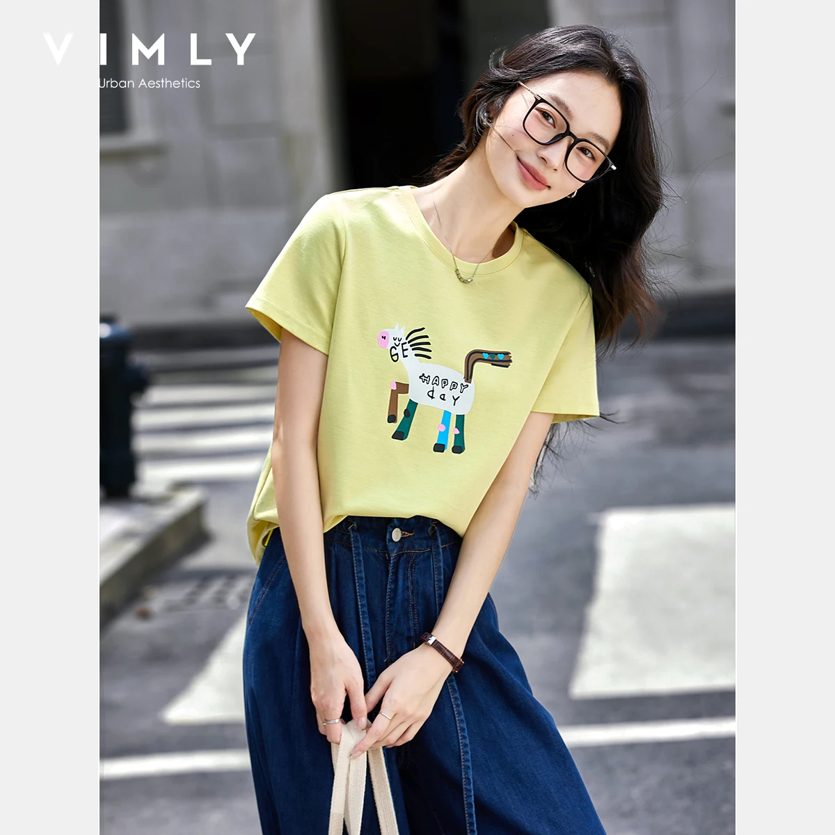 

VIMLY Cartoon Printed T-shirt Women's Summer 2025 Casual Knitted Yellow Cartoon Crew Neck Woman Short Sleeve Ladies Tops A1881