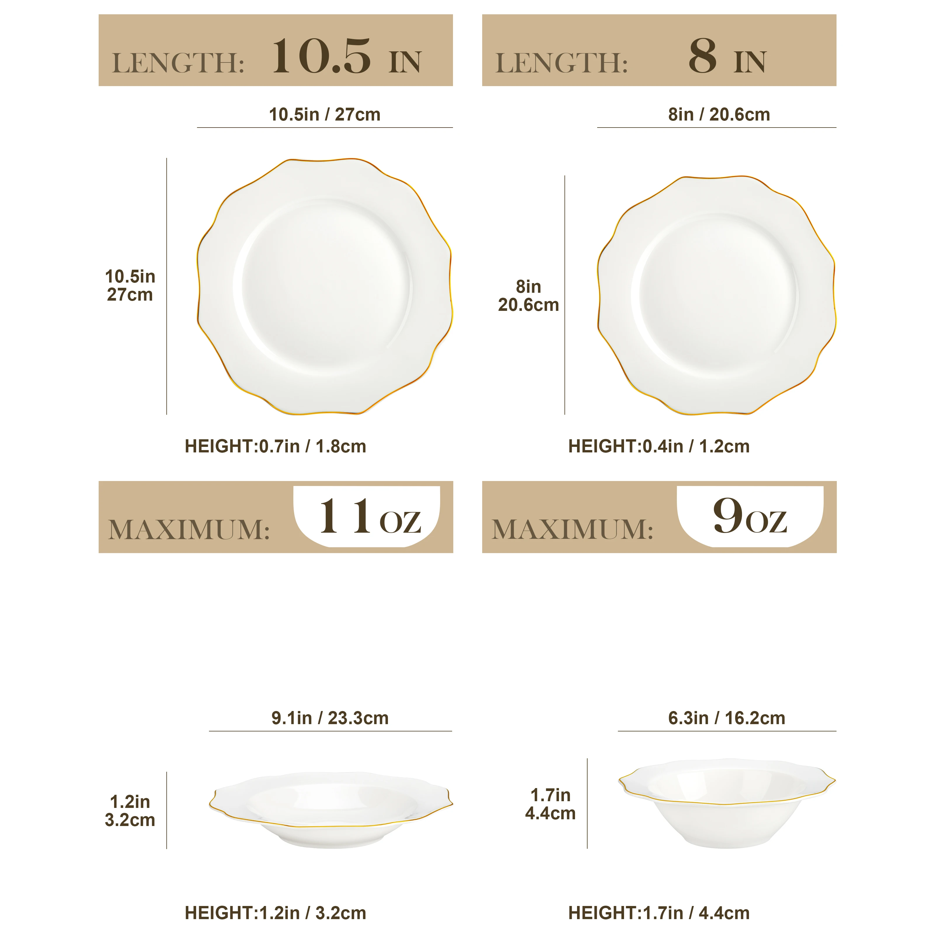 MALACASA 16/32-PCS Nordic Europese Gouden Rand Wit Bone China Servies Set met Kom, Diner & Dessert & Soepbord Set voor 4