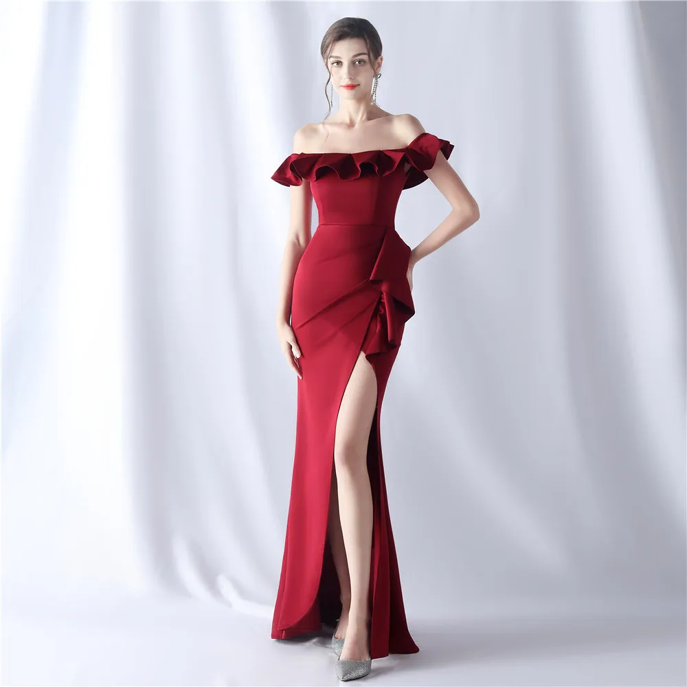 Dark Purple Ruffle Collar Long Evening Dress Burgundy Off Shoulder Prom Dress With Side Slit For Women Party Wedding Ball Gown