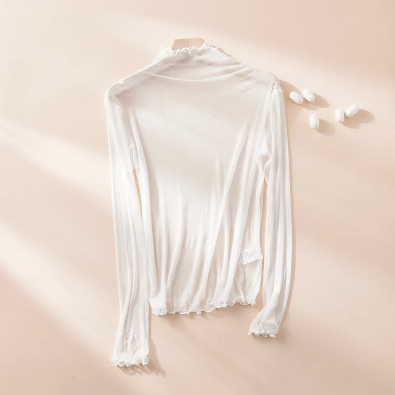 100% Mulberry Silk Slightly Transparent Semi-turtleneck Mesh Sunscreen Shirt for Women