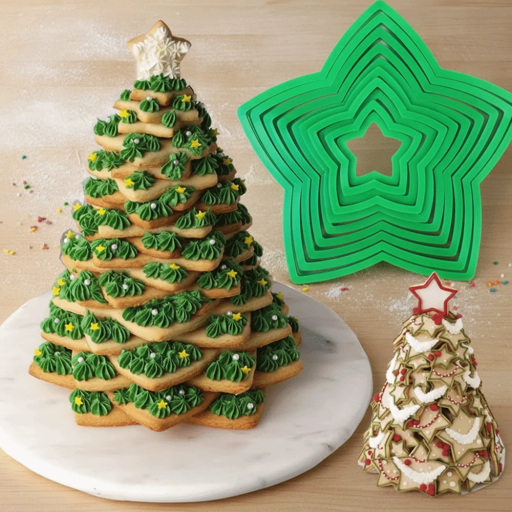 10 Piece Five-pointed Star Shaped Christmas Star Tree Cookie Cutters Green Plastic Fondant Biscuit Mold DIY 3D Cookie Mold