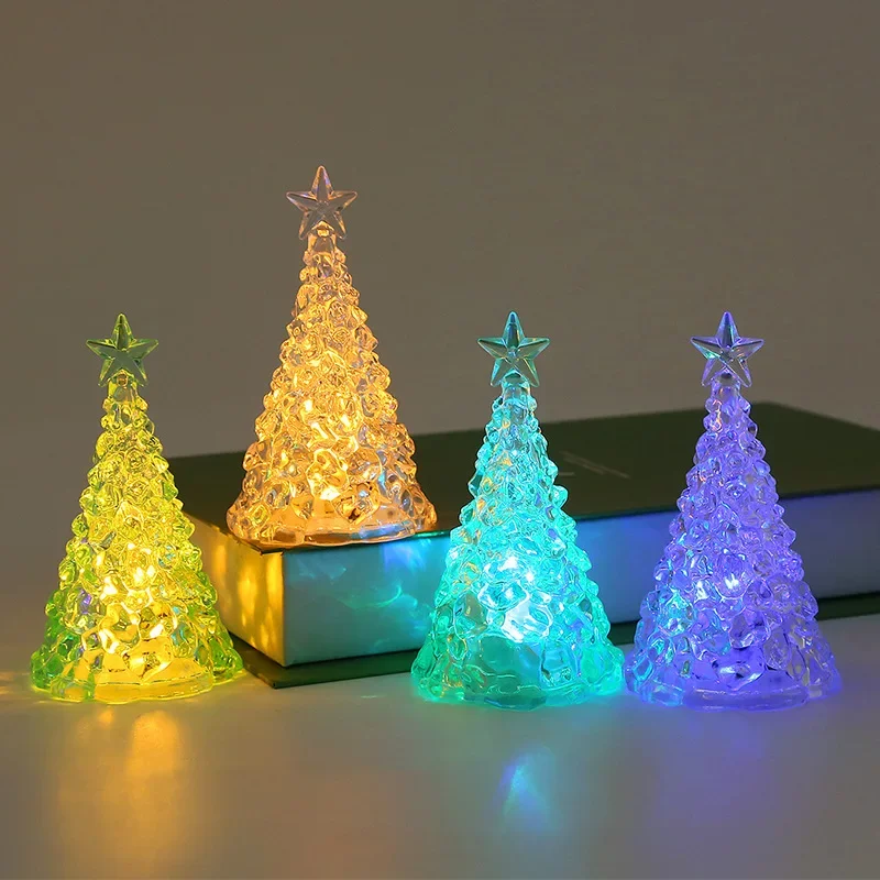 Mini Christmas Tree Night Light Transparent Acrylic Luminous Desktop Decor Small Gift Home Decoration