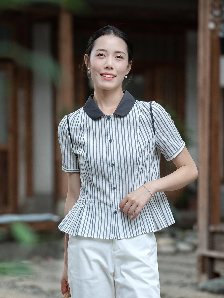 

Женская новая летняя модная блузка из чистого хлопка с художественным индивидуальным дизайном, в полоску, с пэчворком и отложным воротником