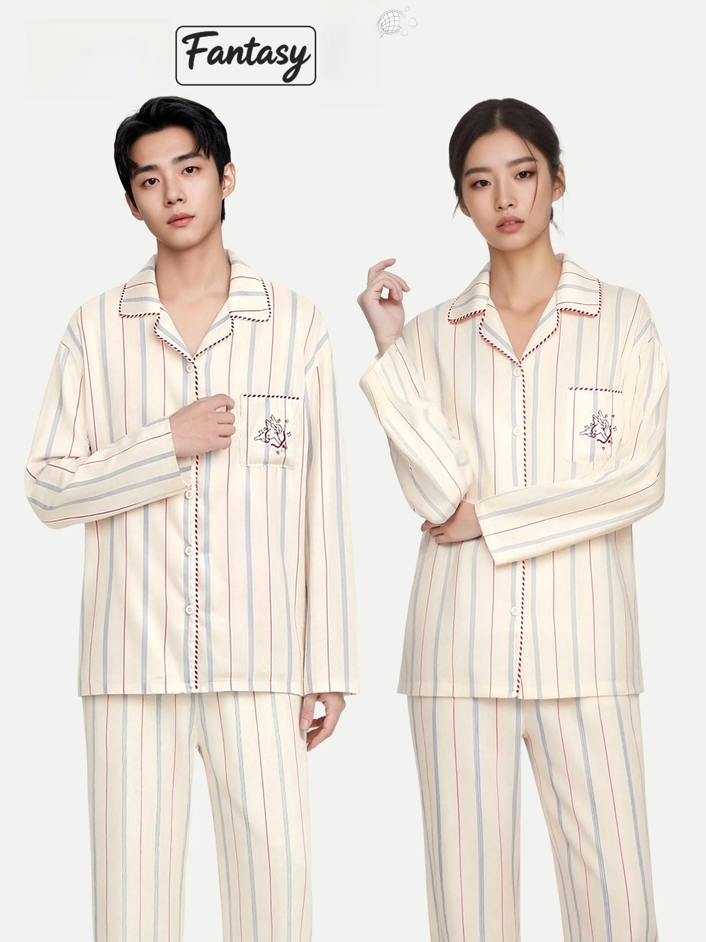 PinkBread Cupid's Arrow Loose Fit Couple's Summer Pyjamas Ice Silk Stripe Home Clothes Set Long Sleeve Straight Leg Pants
