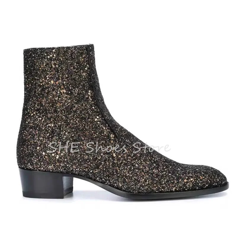 

Luxury Design Sequined Cloth Chelsea Boots for Men Pointed Toe Chunky Heel Motorcycle Boots Male Party Pub Nightclub Dress Shoes