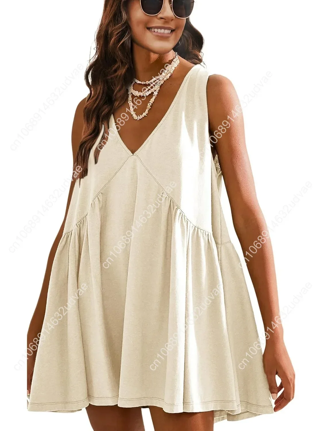 

Summer Sleeveless Mini Dress Womens Casual Loose V Neck Sundress with Pockets