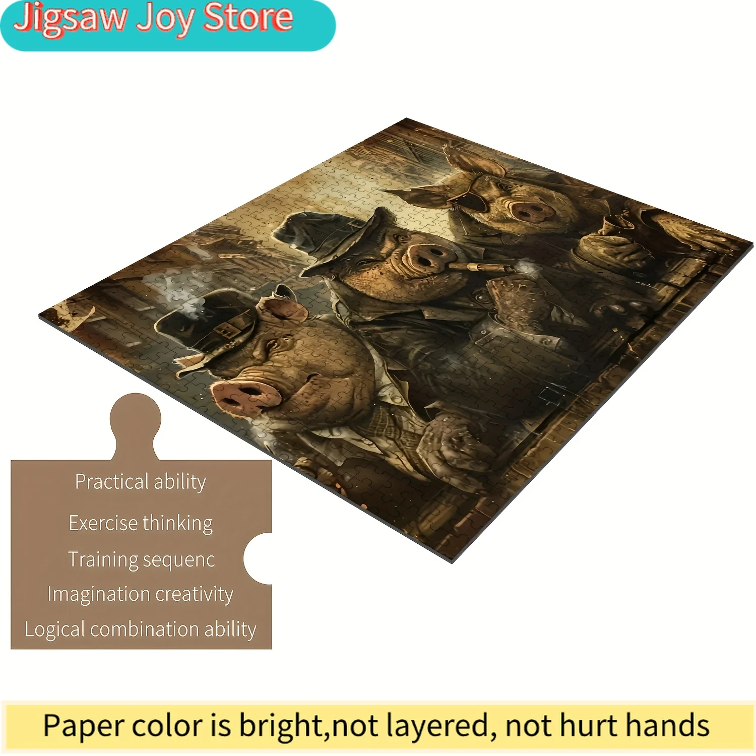 

Пазл для всей семьи - винтажный рисунок с антропоморфными свиньями в шляпах, средний уровень сложности, портативный и прочный.