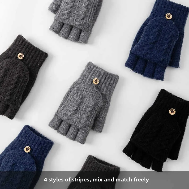 

Мужские зимние вязаные перчатки с откидным верхом для пальцев, утолщенные, теплые, для письма, офиса, учебы, защиты от холода, для велоспорта