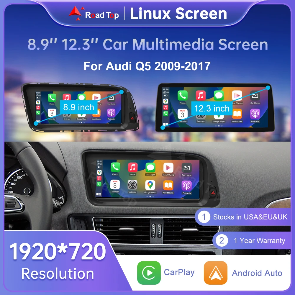 شاشة الوسائط المتعددة لراديو السيارة Linux 8.8/12.3 بوصة لأودي Q5 2009-2017 مع وظيفة CarPlay اللاسلكية Android Auto Airplay Miracast