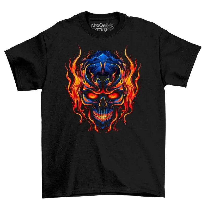 Tribal Flame Skull Fantasy Themed TShirt Tee Top Men's Black Cotton Shirt | Mens Goth Fantasy Shirts | Dark Graphic TShirts