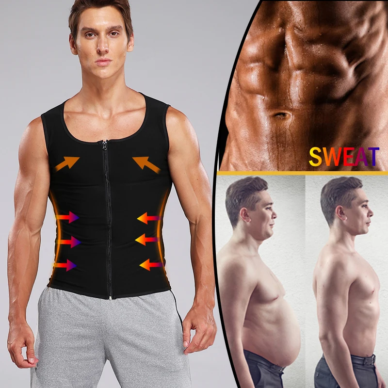 Mens Polymer Sauna Vest Sweat Body Shaper Slimming Compression Tank Top with Zipper Workout Shirt Heat Trapping Suit