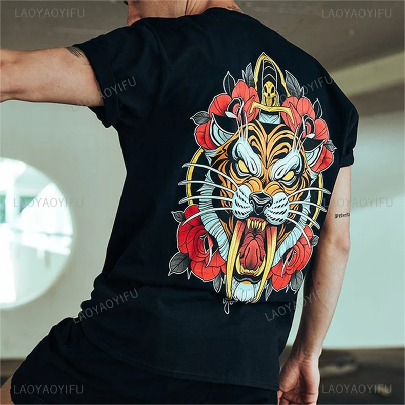 

Dark Beer Skull Tiger Pattern Men's T-shirt Fashionable Hip-hop Cool Street Short Sleeve Summer Outdoor Leisure Party O-neck Top
