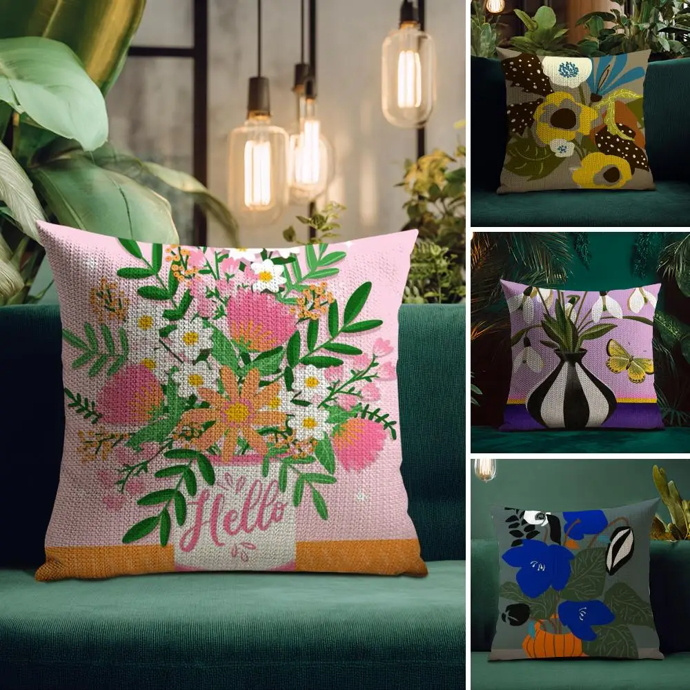 Artistic Potted Plants Cushion Cover Natural Linen Pillow Case Double-Sided Print Decorative Sofa Pillowcase Home Decor Gift