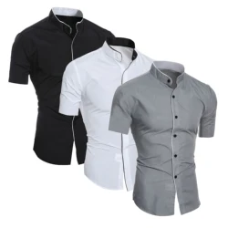 Men's summer short-sleeved casual fashion shirt, comfortable and breathable slim men's solid color stand-up collar top