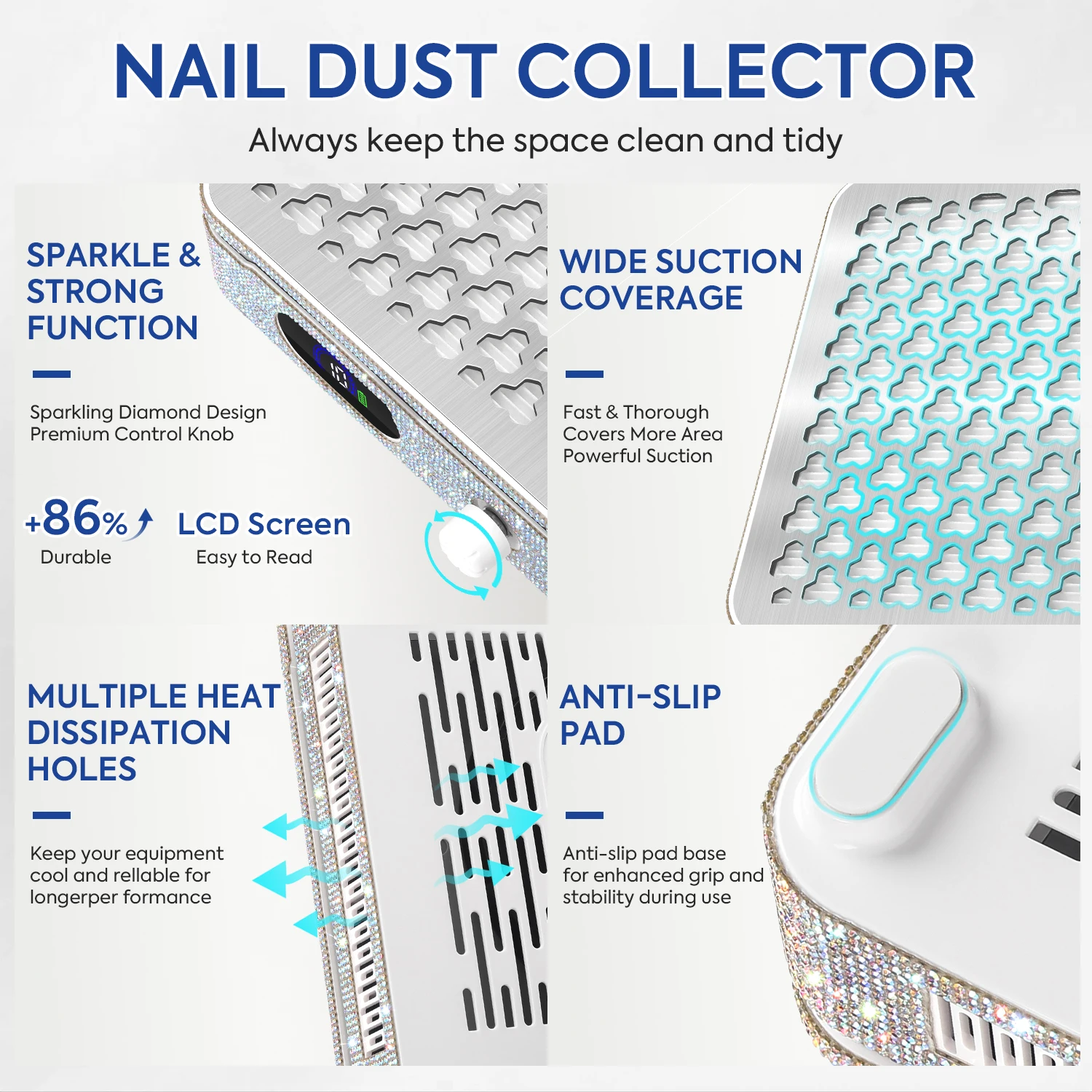 520Pa 강력한 흡입력, HEPA 필터, 10단계 조절 및 2600mAh 충전식 배터리를 갖춘 전문가용 네일 먼지 수집기
