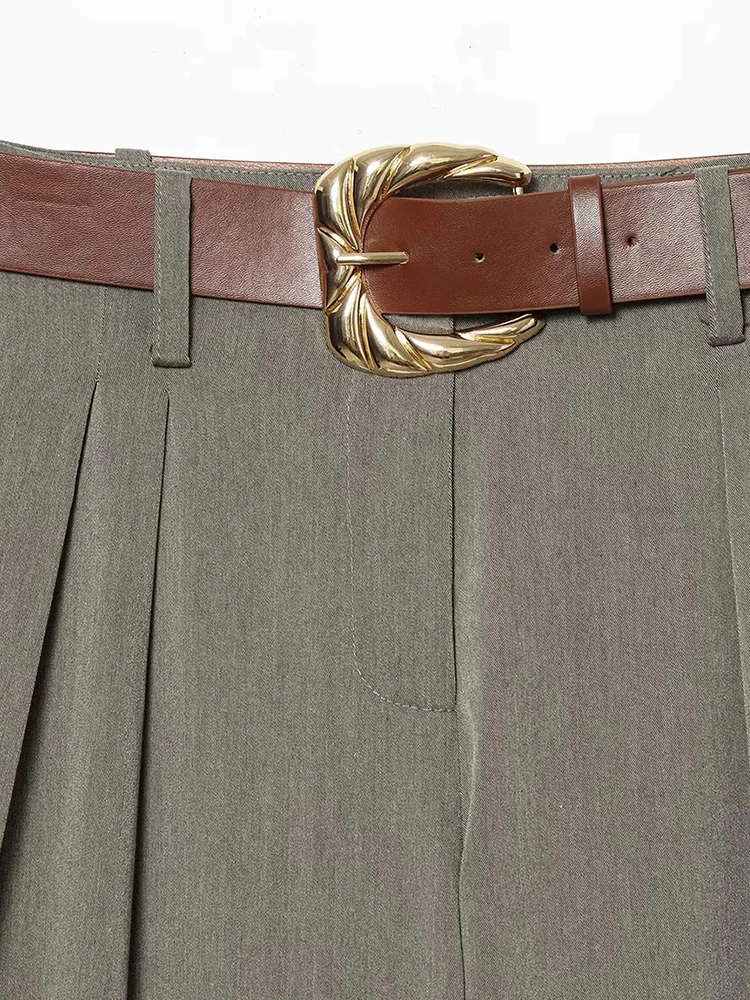 กางเกงขายาวลำลองทรงขากว้างสำหรับผู้หญิง ประดับจีบตกแต่ง พร้อมเข็มขัดคุณภาพดี เนื้อผ้านุ่มสบาย