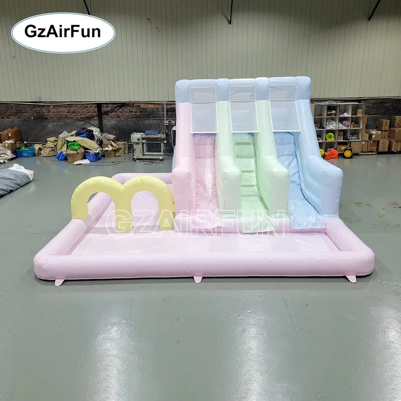 GZAIRFUN Macaron Pastel Color PVC Dry/Wet Dual-Use 3-Lane Inflatable Water Slide with Ball Pit Easy Setup for Kids Parties