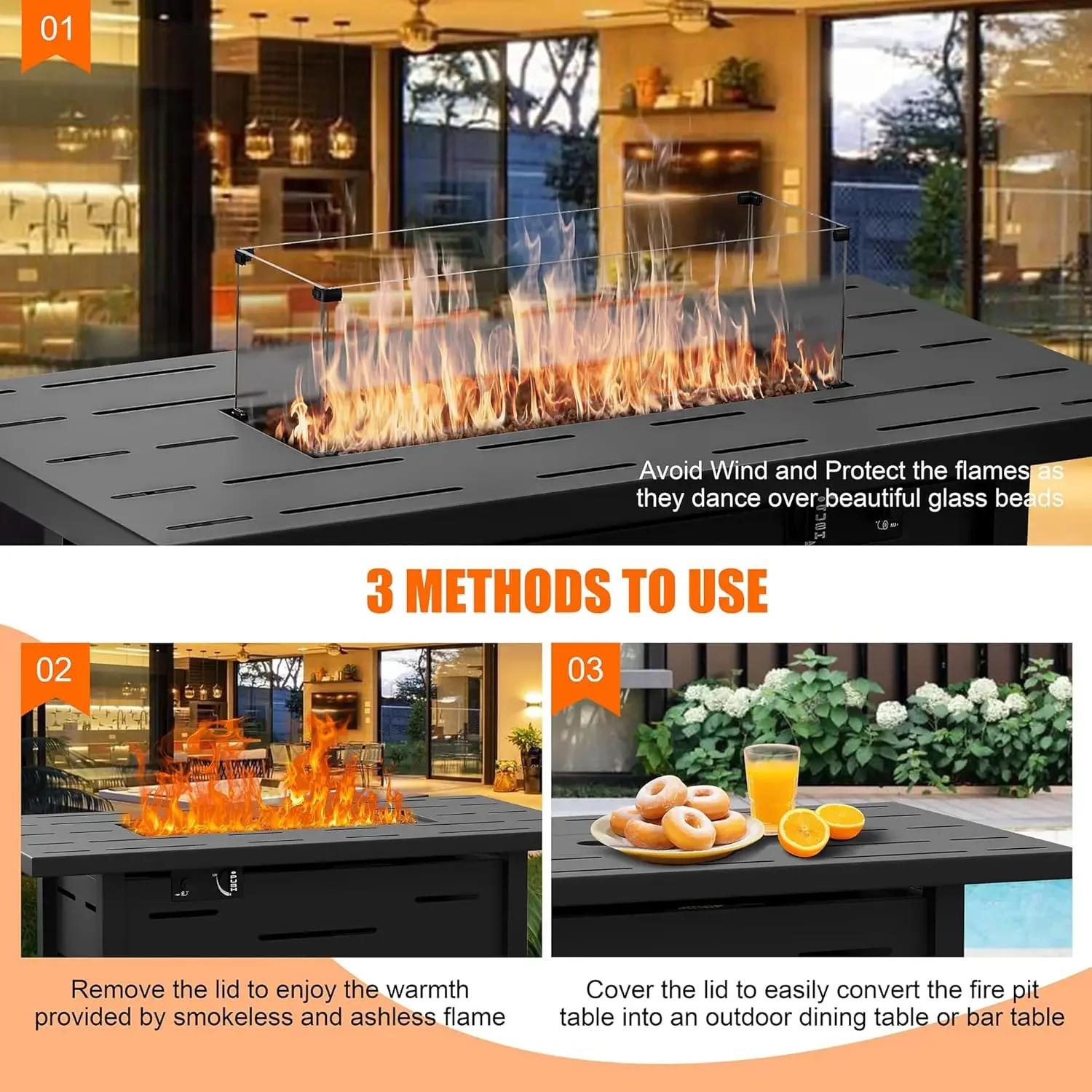 43 นิ้วกลางแจ้งโพรเพน Fire Pit 50,000 BTU แก๊ส Fire Pit พร้อมฝาปิด, Glass Wind Guard, ฝาครอบกันน้ํา, สี่เหลี่ยมผืนผ้า