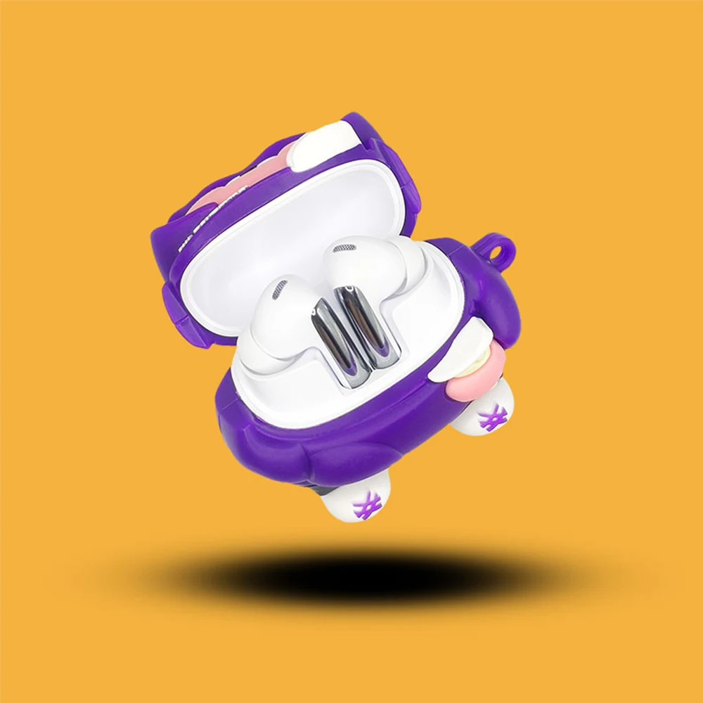 큐씨와이 MeloBuds 프로 이어폰, 보라색 커버, 부드러운 실리콘 케이스, 무선 블루투스 헤드폰 보관함, 이어 클립, 만화 충전 박스