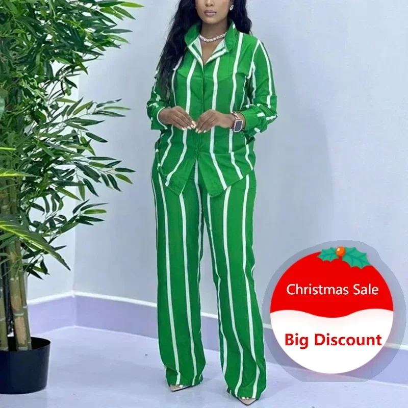 

Customized African Fashion Stripe Two Piece Set Women Spring Autumn Casual Button Long Sleeved Shirt Wide Leg Pants Two Piece Se